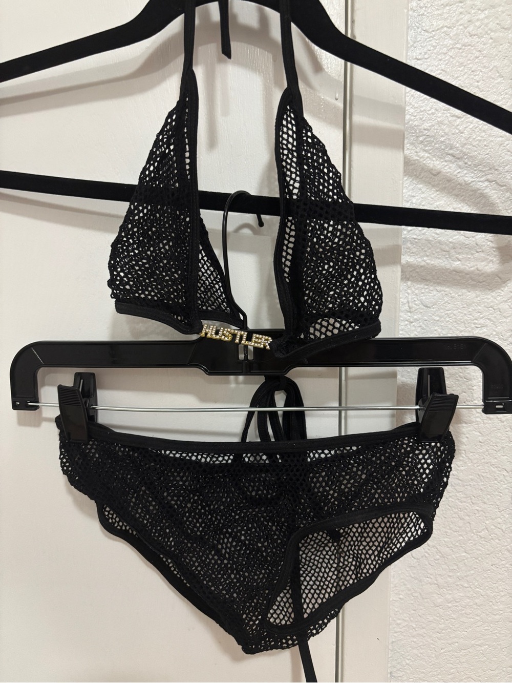 Vintage Y2K hustler black mesh bikini bling rhinestone panty triangle top small